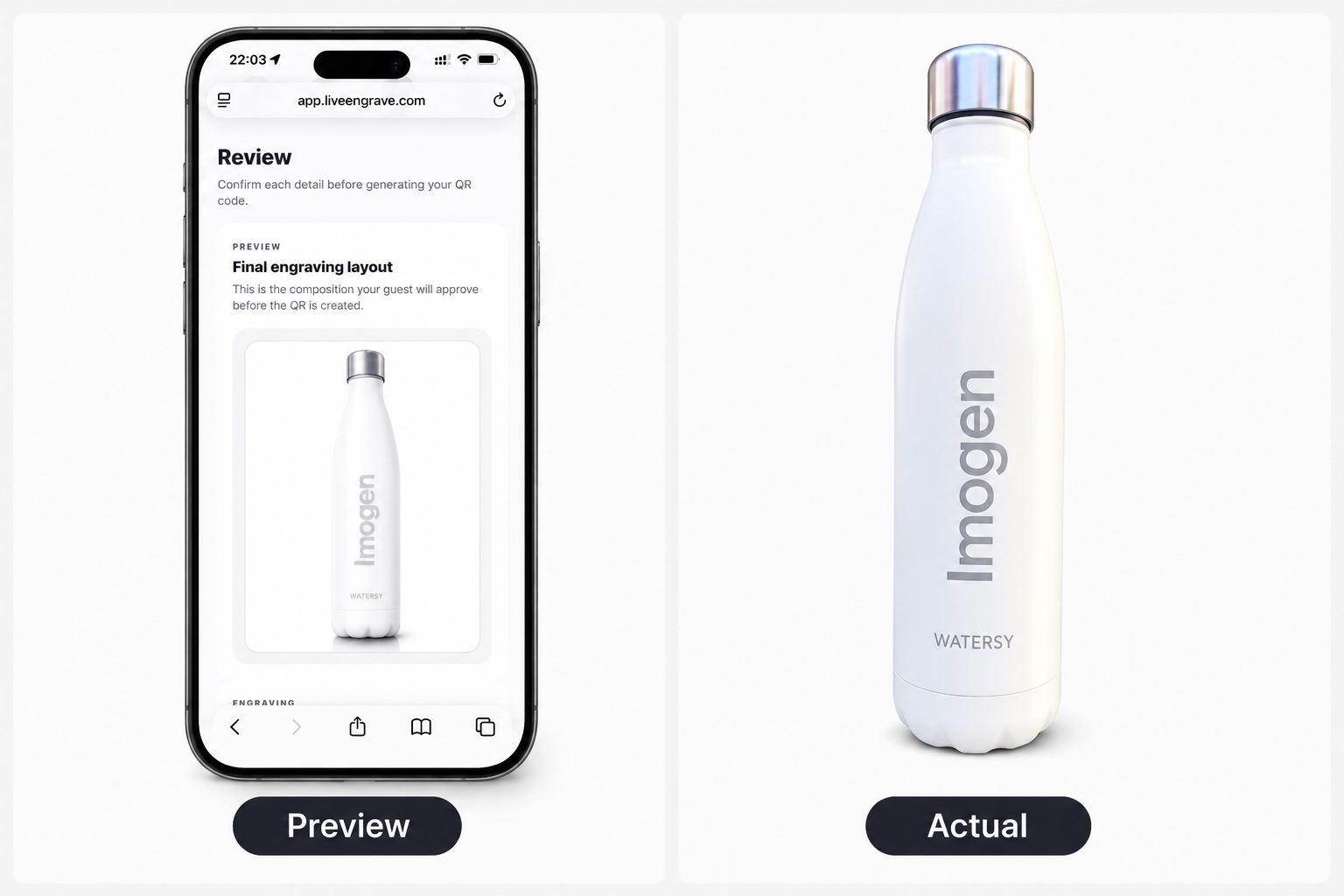 Live Engrave phone preview alongside the finished engraved bottle